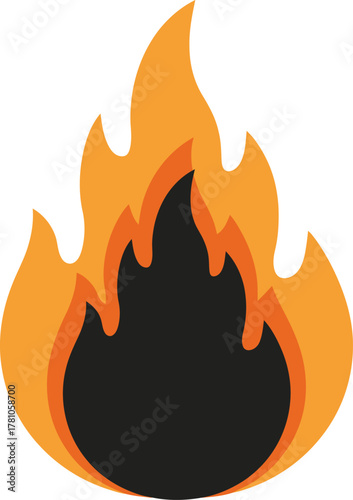 Stylized illustration of a vibrant orange and yellow flame with a dark center, representing heat and fire.