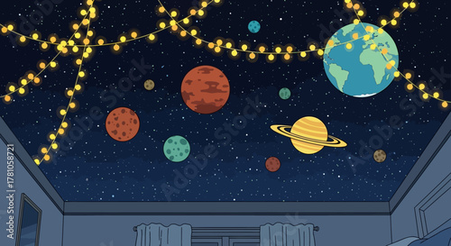 Celestial Ceiling - A Whimsical Solar System Mural with Festive Lights.