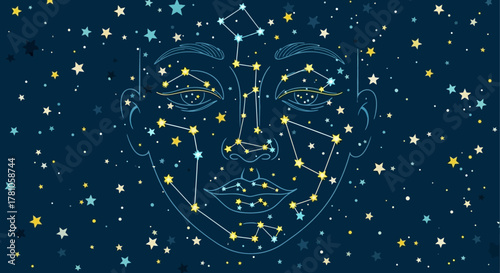 Celestial Face with Constellations and Stars in a Cosmic Design.