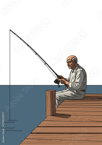 Elderly man sitting peacefully on wooden dock fishing over calm water