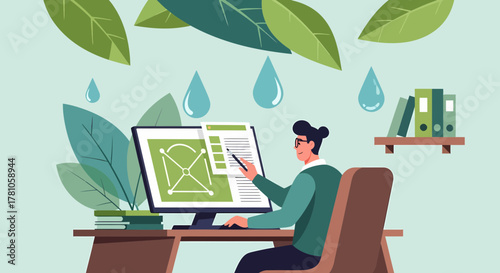 Sustainable Innovation Man Working At Desk Green Initiatives Design