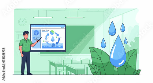 Teacher Explains Water Cycle in Classroom Presentation With Illustration