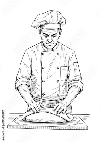 Chef rolling dough on a countertop in a professional kitchen  