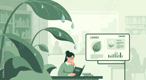 Woman In Library Studying Botany With Plant And Data Visualization