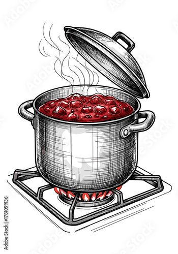 Pot of jam boiling on stove with steam rising from silver cookware
