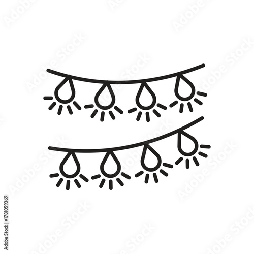 Two curved lines feature multiple dangling teardropshaped light bulbs each with rays emanating from below