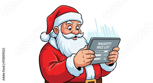 Santa checks his naughty and nice list on a tablet, reviewing the year's data to find out who's been good and who's been bad this festive season