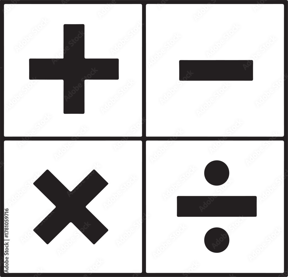 Fototapeta premium Black mathematical symbols plus minus multiplication division on white mathematics