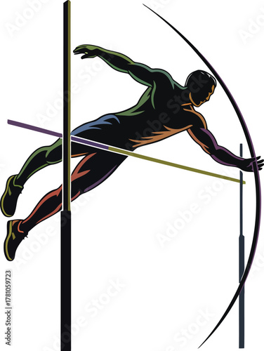 Athletic man pole vaulting over bar athlete jumping