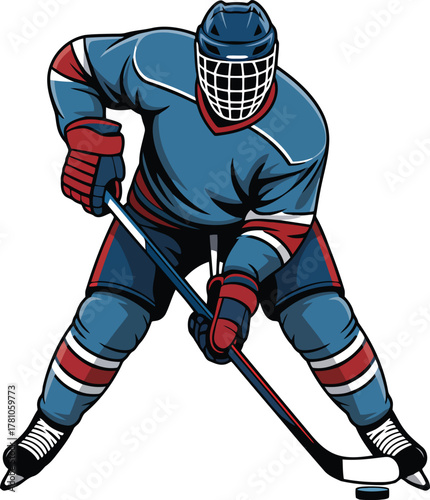 Hockey player in uniform with stick and puck sport