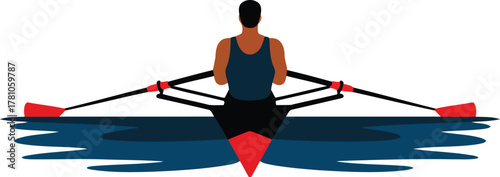 Man rowing a boat with red oars on dark blue water vector
