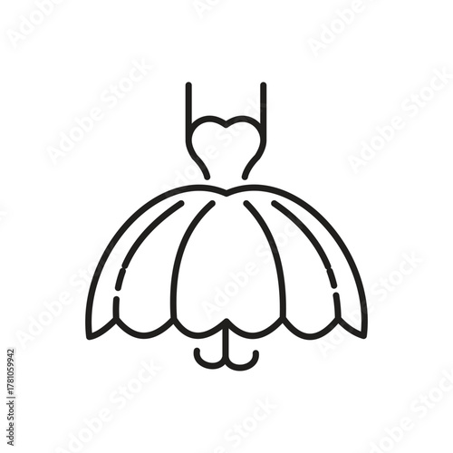 Line art depicts a dress with a heartshaped bodice and puffy skirt