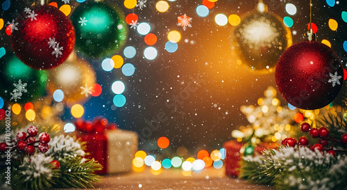 A vibrant holiday arrangement with gleaming ornaments and a soft bokeh background, creating a magical setting for festive celebrations, joyful moments, and the warmth of winter wonder