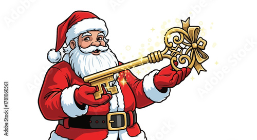 Jolly Santa Claus holds the golden key to Christmas magic and holiday cheer, bringing joy and wonder to all with his festive spirit