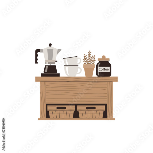 Coffee Station with Moka Pot, Cups, Plant, and Coffee Jar on Wooden Cabinet.