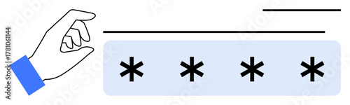 Hand hovering over an input field with hidden password symbols. Ideal for security, privacy, login, authentication, encryption, online protection, or data safety concepts. Simple flat metaphor