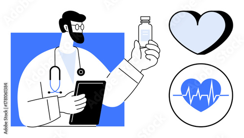 Doctor holding a medicine bottle and tablet beside heart graphics with heartbeat line. Ideal for healthcare, medicine, wellness, cardiology, medical advice, diagnostics, and preventive care themes