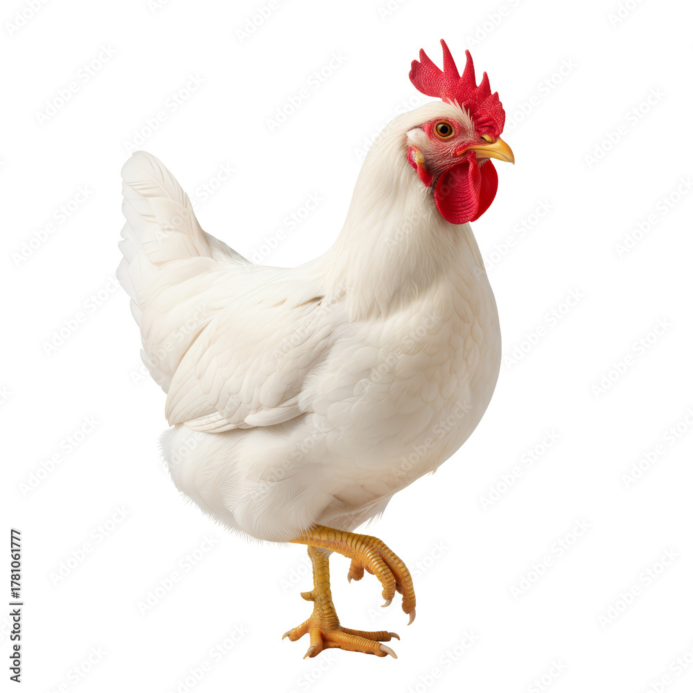 Fototapeta premium Elegant White Leghorn Chicken Posing with Confidence Isolated on a Clean Background