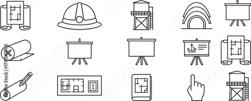 Architecture icons, construction symbols, blueprint elements, engineering tools, planning visuals, line style, vector illustration, flat design, grid layout, professional set