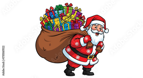 Jolly Santa Claus carrying a huge sack of colorful presents for Christmas giving, spreading cheer and joy during the holiday season, festive design