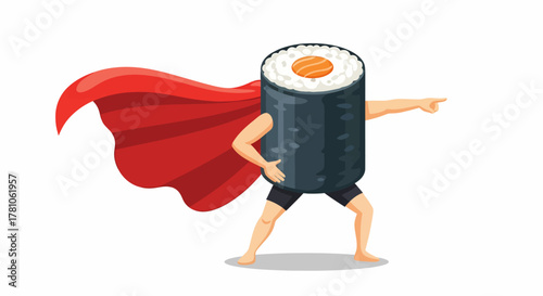 A quirky and cute cartoon illustration of a sushi maki roll character dressed as a superhero with a flowing red cape, striking a brave pose and pointing forward ready for action