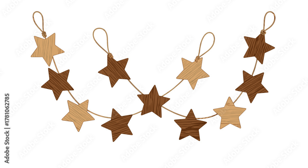 Obraz premium Wooden star garland decoration with natural colors for festive occasions 