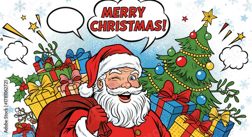 Santa Claus holding a gift bag and smiling with Christmas decorations  