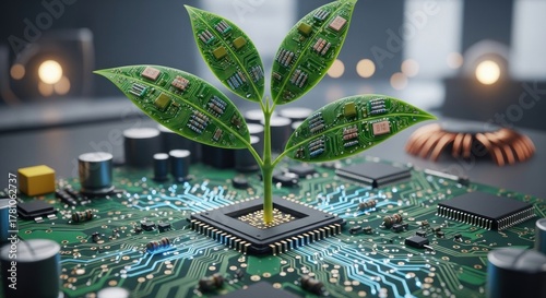 A green plant growing from a computer chip on a circuit board.