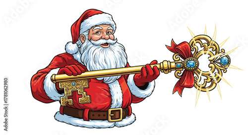 Santa Claus holds a magical golden key with a red ribbon that unlocks the spirit of Christmas and brings joy to the world this holiday season.