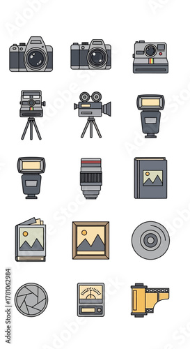 Collection of Photographic Equipment and Accessories in Pixel Art Style.