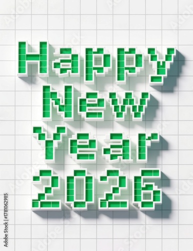 Happy new year 2026 text rendered in vibrant green pixel art style with white border on a grid surface