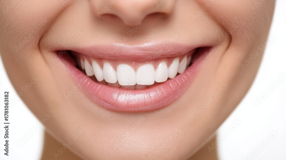 Fototapeta premium Bright smile of a young woman showcasing healthy teeth and vibrant confidence in a neutral backdrop