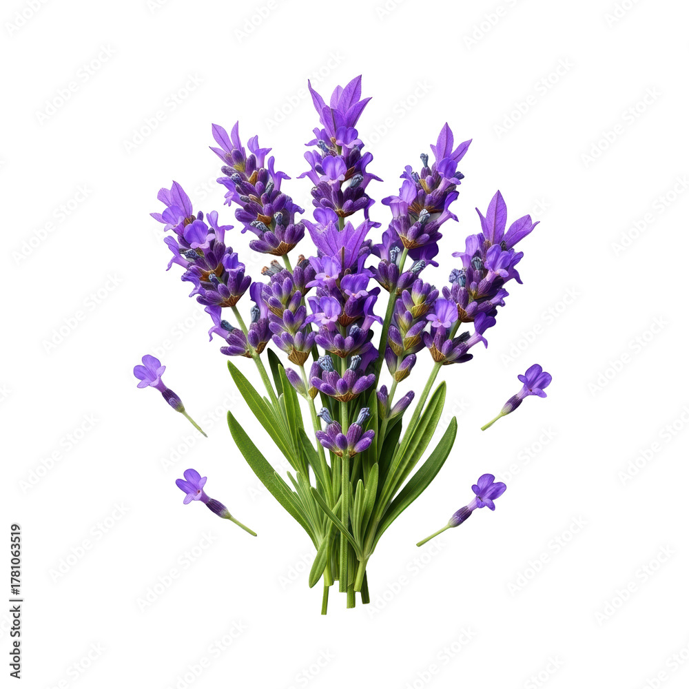 Naklejka premium Vibrant lavender (Lavandula angustifolia) sprigs with purple blossoms and green leaves, detailed florets on a seamless transparent background, studio shot. Concept of natural freshness