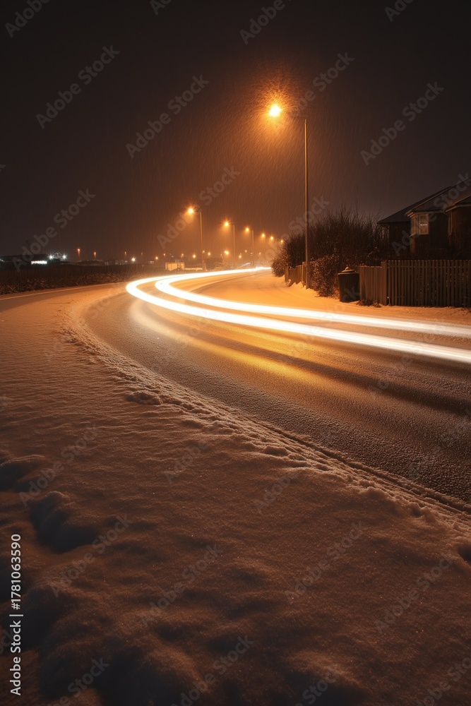 Obraz premium Night road curve with snow and light trails