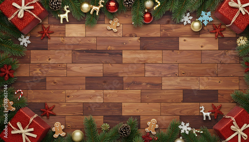 Festive Christmas holiday frame made of fir branches, red gift boxes, and traditional ornaments on a dark rustic wooden plank background