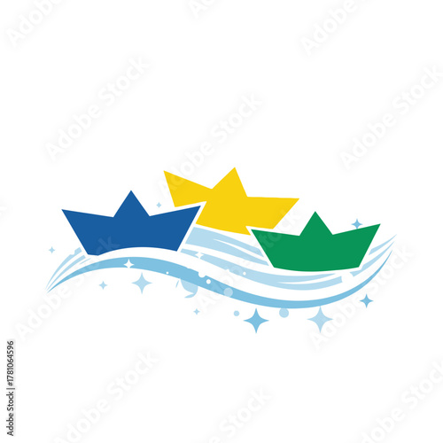 Colorful Paper Boats Floating on Sparkling Waves, Symbolizing Imagination and Playfulness.