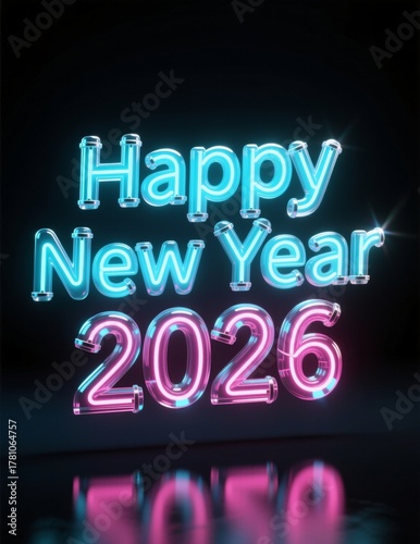 Happy new year 2026 vibrant glowing neon text message, futuristic design and light reflection