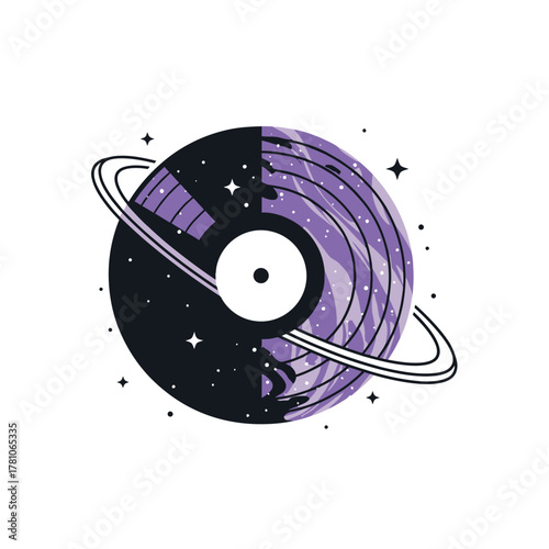 Cosmic Vinyl Record with Rings and Stars, a Celestial Music Experience.