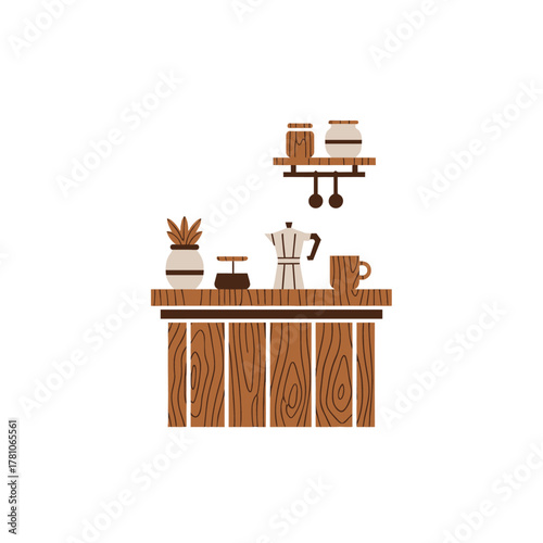 Cozy Coffee Bar Illustration with Moka Pot and Wooden Counter.