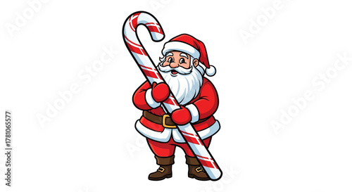 Santa Claus smiles while holding a giant candy cane, radiating holiday cheer and festive spirit for your Christmas designs and seasonal greetings
