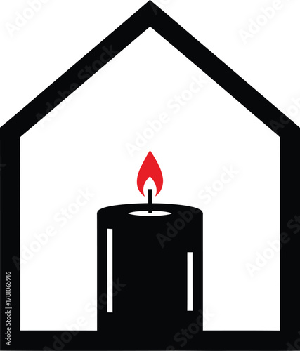 Candle inside house outline icon. home comfort, warmth, spiritual light, memorial graphic design element.