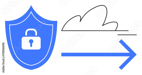 Blue shield with lock, cloud outline, and arrow implying protected data movement. Ideal for cybersecurity, cloud security, data sharing, encryption, safe transfers, privacy simple flat metaphor