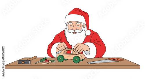 Santa Claus lovingly crafting a wooden toy car in his workshop with hammer, saw and screwdriver creating holiday magic and joy for Christmas gifts