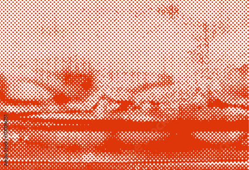 Vector background features a halftone pop art style with red and white colors. Abstract rounded dot shapes create a dynamic, retro-inspired composition with a vintage paper texture effect.