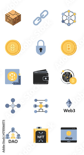 Cryptocurrency and Blockchain Technology Icons Set for Digital Assets.
