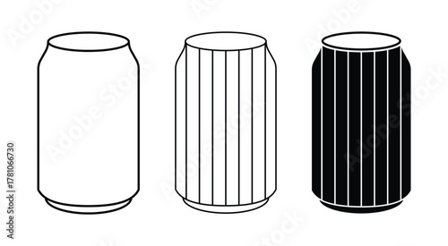 Beverage tin can collection in simple line art and solid silhouette style.