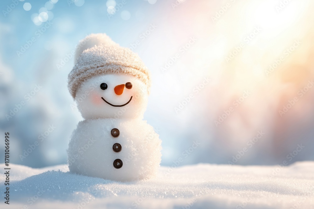 Obraz premium Happy snowman wearing a hat standing in snow