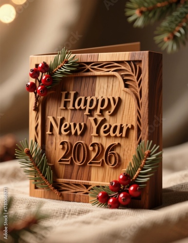 Happy new year 2026 wooden decorative sign with festive pine branches and red berries card