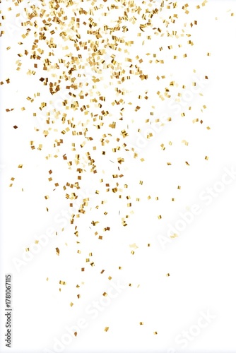 Golden confetti falling on a clean white background