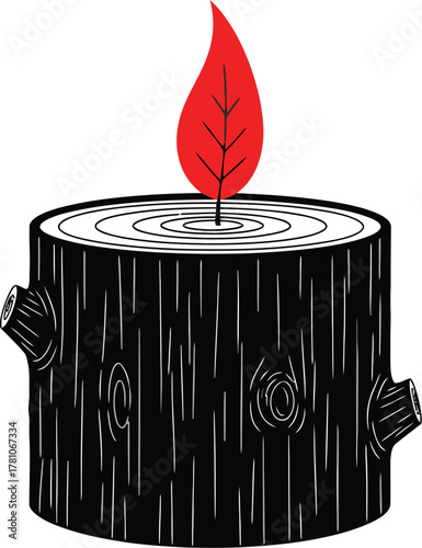 Minimalist illustration of a black tree stump with a vibrant red leaf sprouting, symbolizing rebirth and nature's cycle